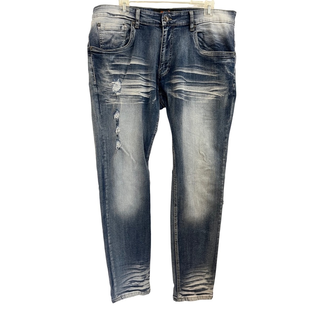 Copper‎ Rivet Mens Slim Fit Distressed Blue Jeans 36x32 Sandblasted Whiskered